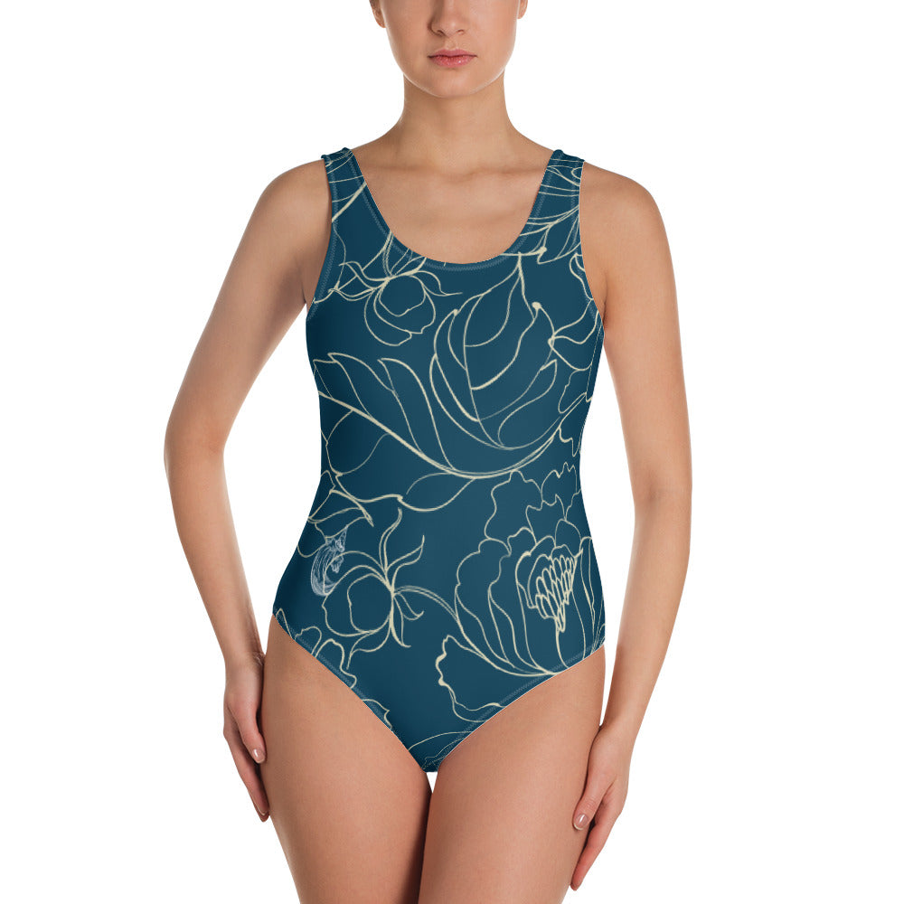 Blue Passion Flower One-Piece Swimsuit for Women